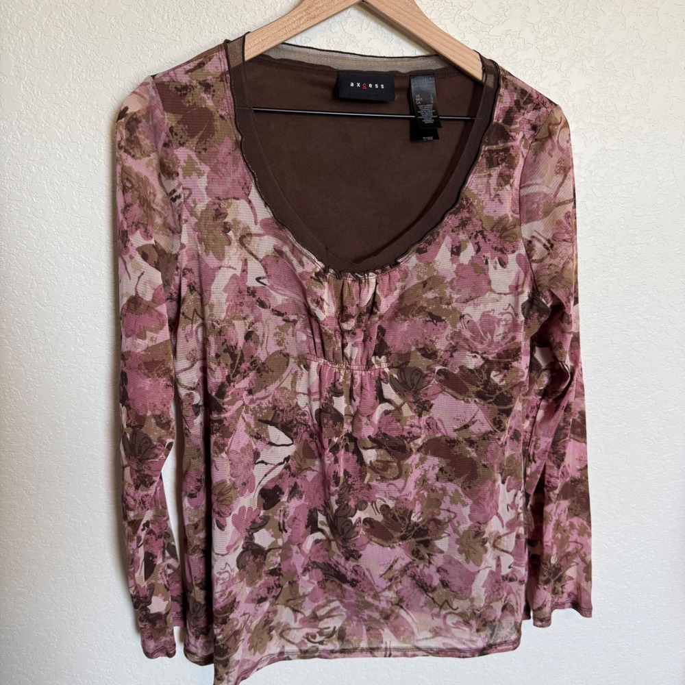 Whimsygoth Fairycore Axcess Floral Mesh Long Sleeve Top Pink‎ Brown Large - Picture 2 of 5